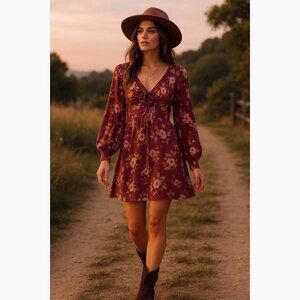 Free People Women’s 4 Floral Dress Burgundy Ruched Boho Romantic Fall Coquette